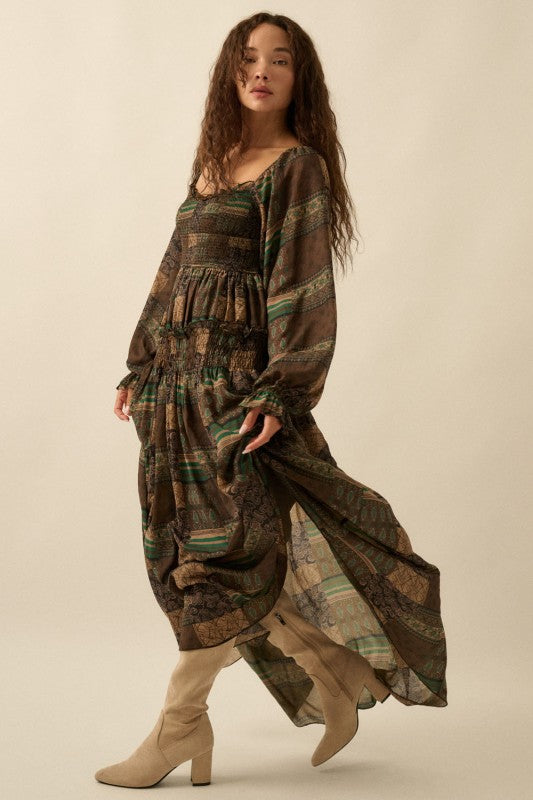 Patchwork Smocked Bubble Sleeve Dress Pine