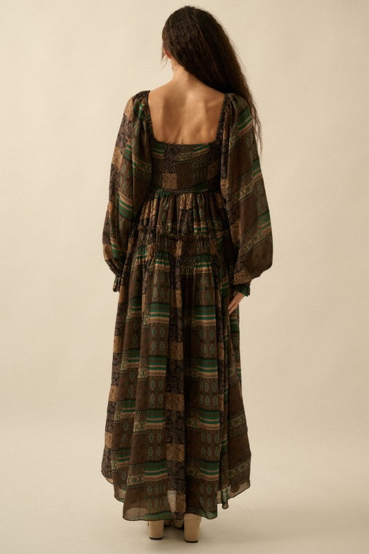 Patchwork Smocked Bubble Sleeve Dress Pine