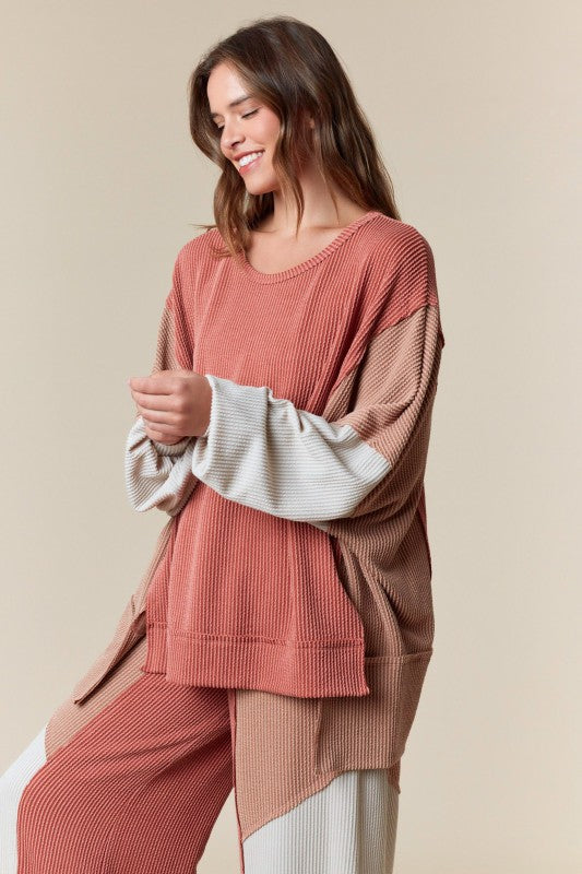 Urban Rib Color Block High Low Top Mauve