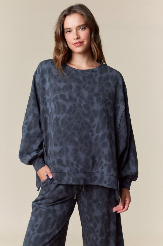 Leopard Print Washed French Terry Top Charcoal