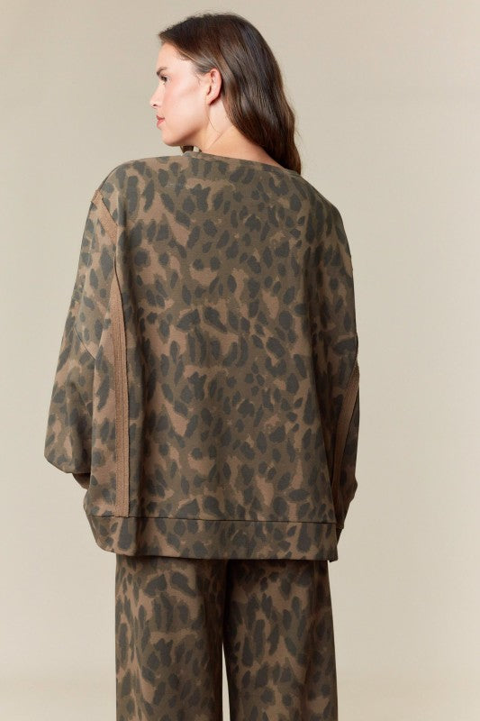Leopard Print Washed French Terry Top Brown