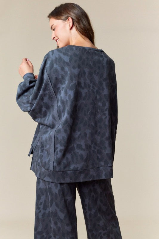 Leopard Print Washed French Terry Top Charcoal