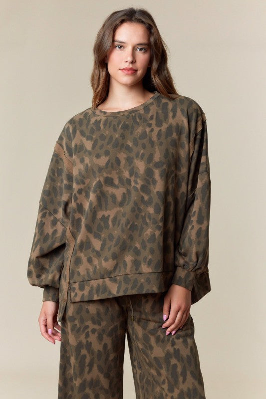 Leopard Print Washed French Terry Top Brown