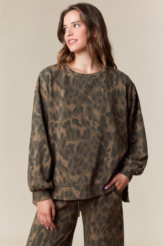 Leopard Print Washed French Terry Top Brown