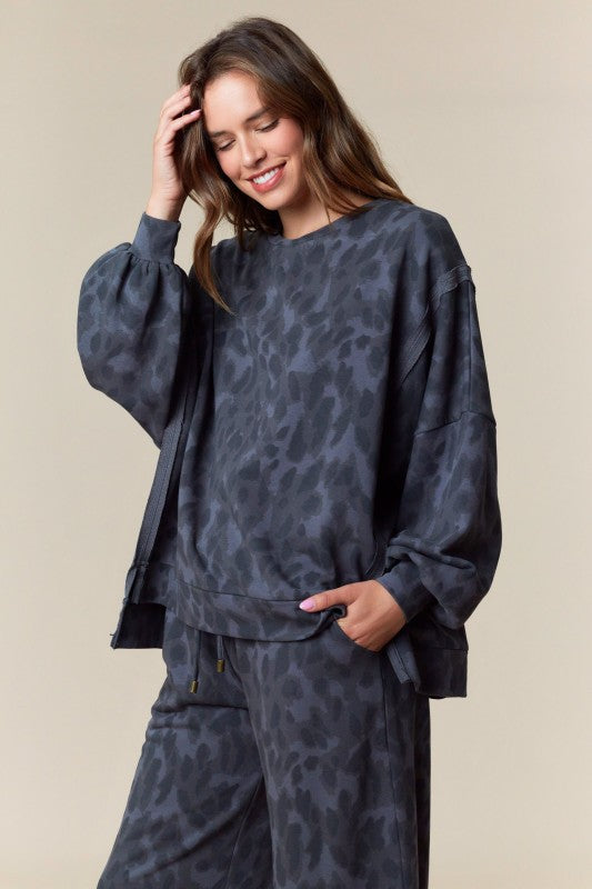 Leopard Print Washed French Terry Top Charcoal