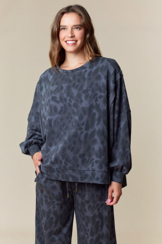 Leopard Print Washed French Terry Top Charcoal