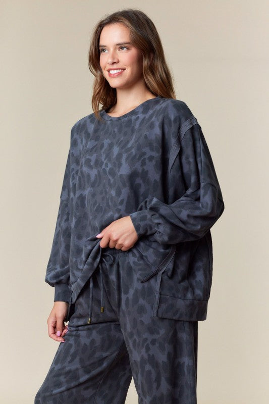 Leopard Print Washed French Terry Top Charcoal
