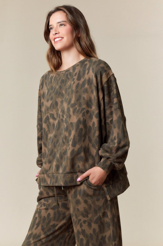 Leopard Print Washed French Terry Top Brown