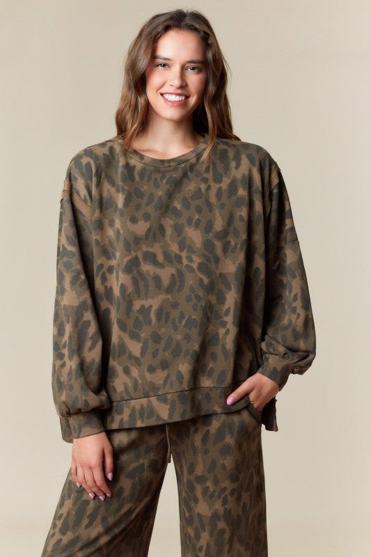 Leopard Print Washed French Terry Top Brown