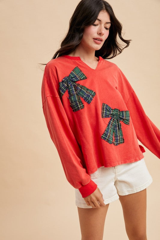 Christmas Plaid Bow Sweatshirt Red