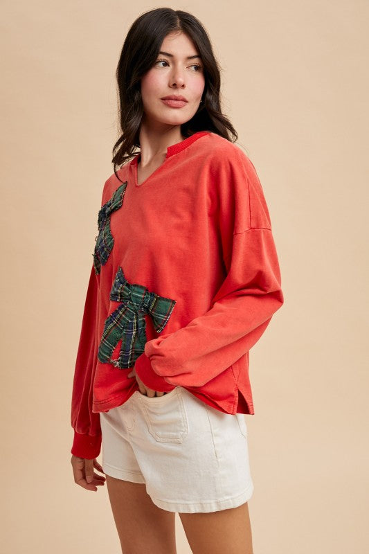 Christmas Plaid Bow Sweatshirt Red