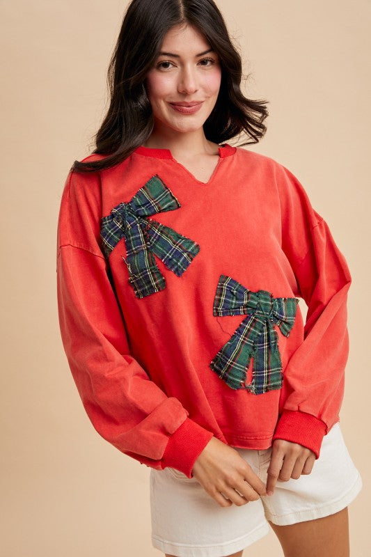 Christmas Plaid Bow Sweatshirt Red