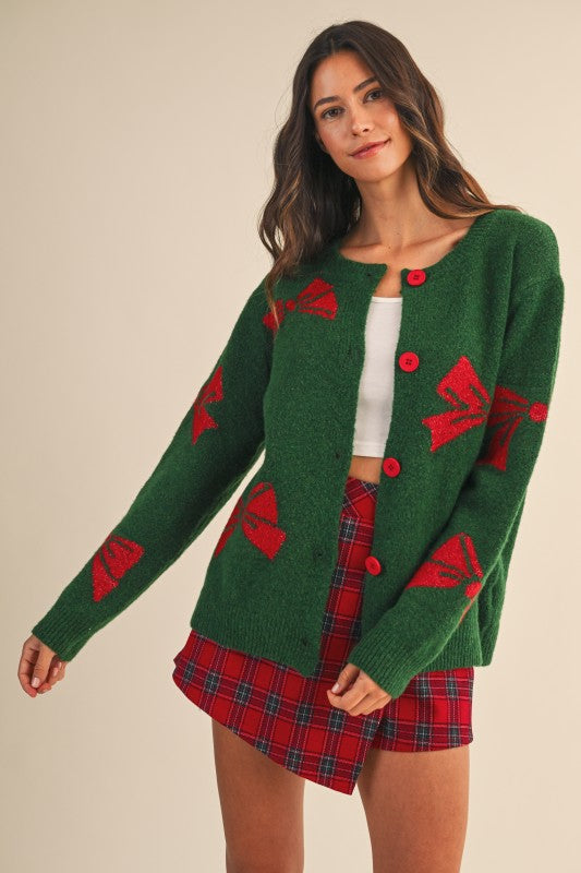 Christmas Bow Printed Wool Cardigan Green