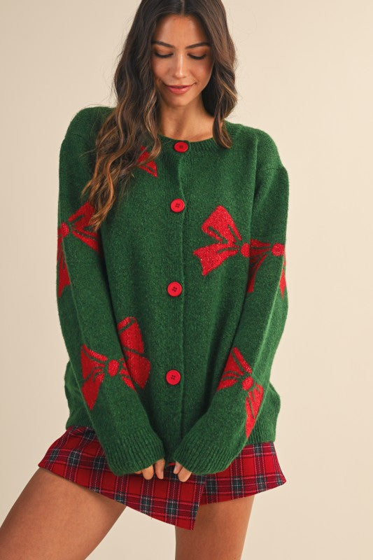 Christmas Bow Printed Wool Cardigan Green