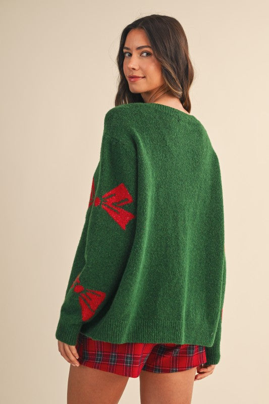 Christmas Bow Printed Wool Cardigan Green
