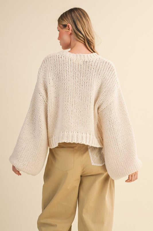 Braided Ribbon Chunky Sweater Top Cream