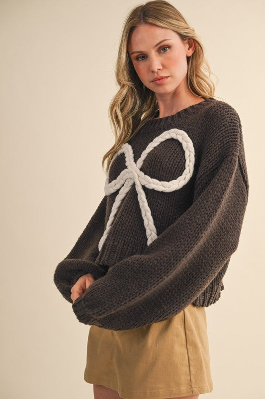 Braided Ribbon Chunky Sweater Top Mocha