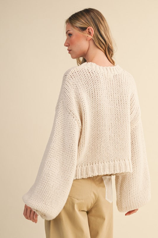 Braided Ribbon Chunky Sweater Top Cream