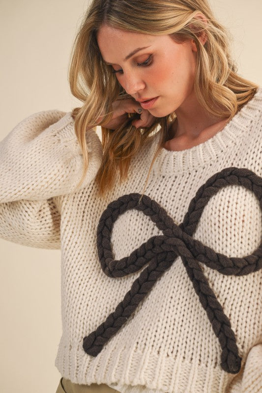 Braided Ribbon Chunky Sweater Top Cream