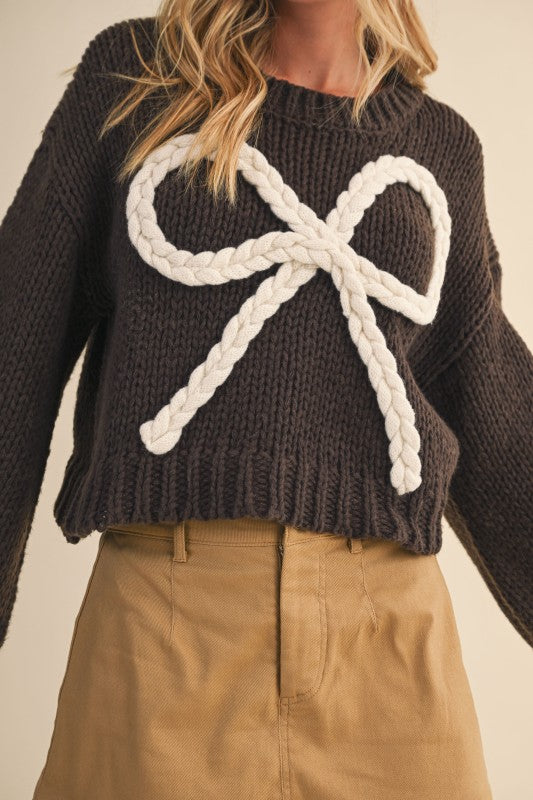 Braided Ribbon Chunky Sweater Top Mocha