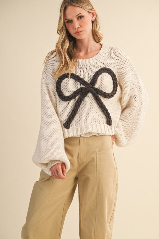 Braided Ribbon Chunky Sweater Top Cream