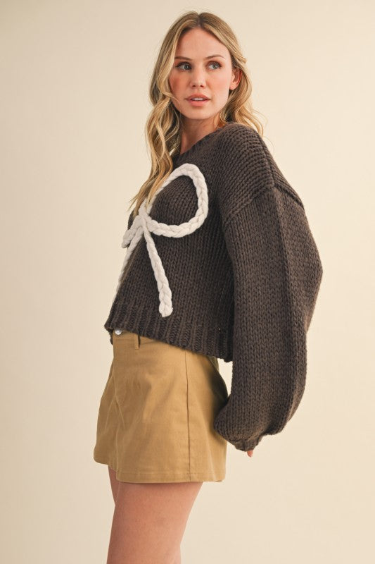 Braided Ribbon Chunky Sweater Top Mocha