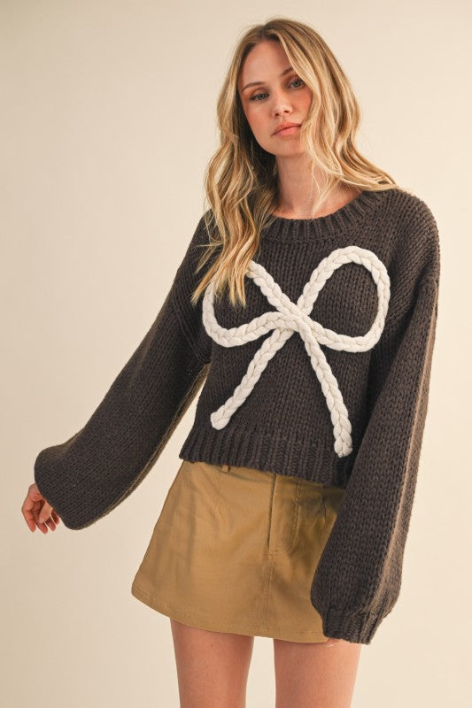 Braided Ribbon Chunky Sweater Top Mocha