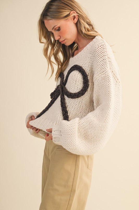 Braided Ribbon Chunky Sweater Top Cream