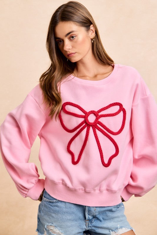 Bow Braid Top Balloon Sleeves Pink