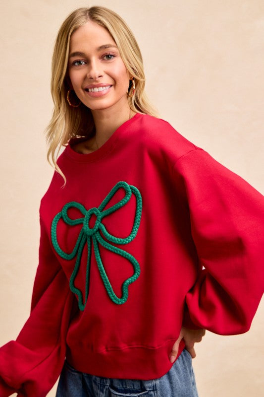 Bow Braid Top Balloon Sleeves Red