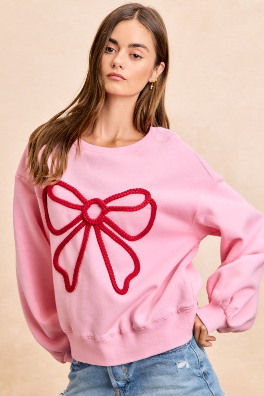 Bow Braid Top Balloon Sleeves Pink