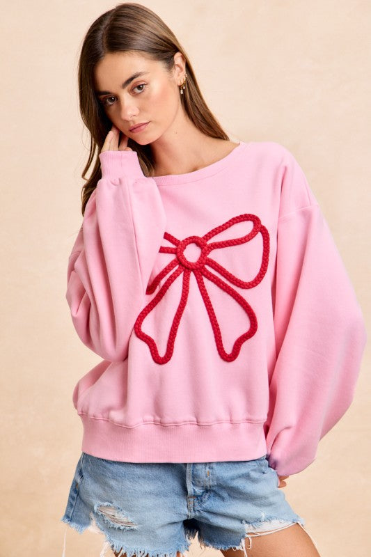 Bow Braid Top Balloon Sleeves Pink