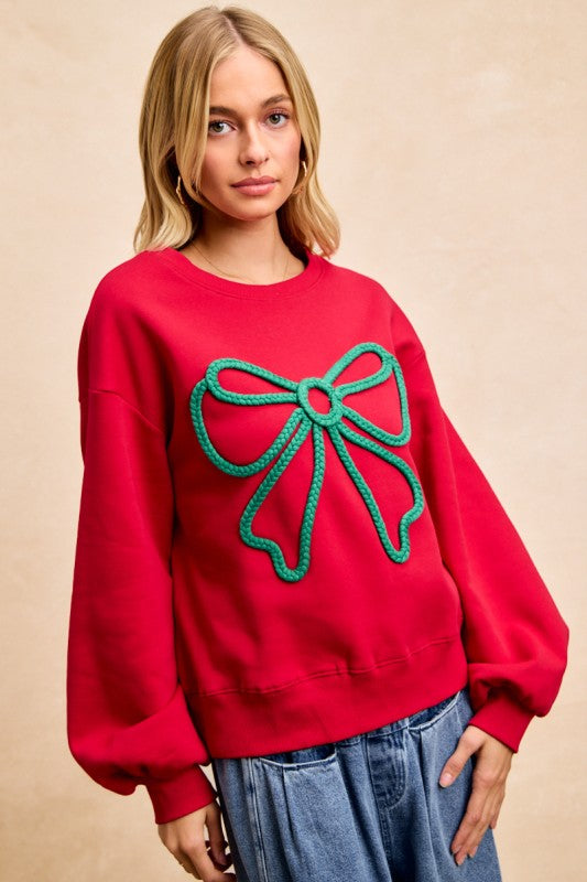 Bow Braid Top Balloon Sleeves Red