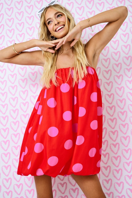 Polka Dot Strapless Balloon Dress Red