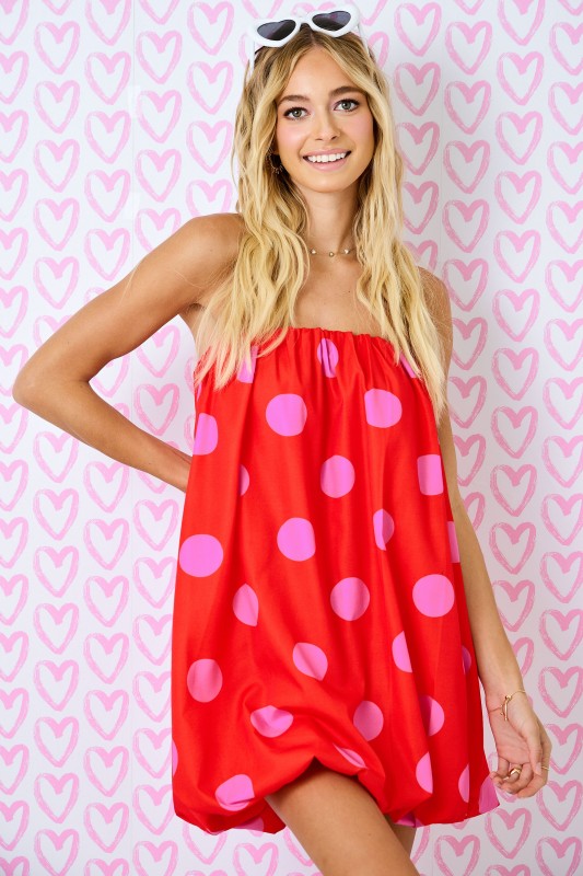 Polka Dot Strapless Balloon Dress Red