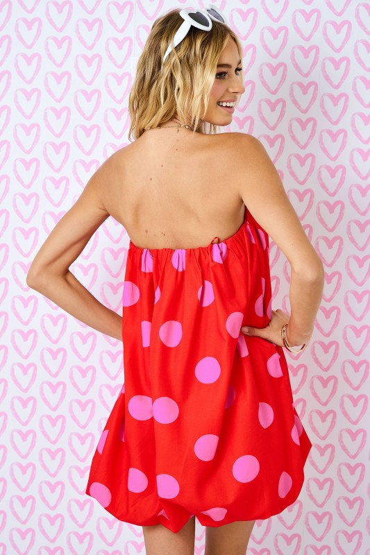Polka Dot Strapless Balloon Dress Red