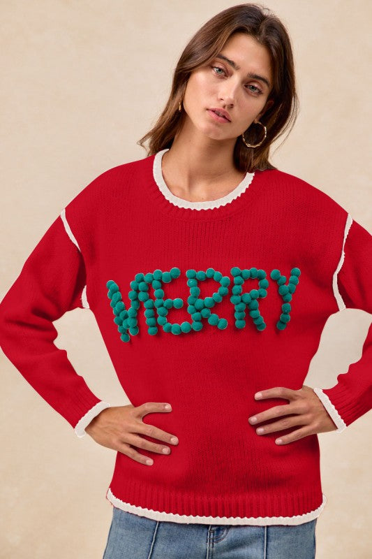 Christmas Pompom LatterMerry Sweater Top Red