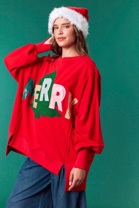 Merry Patches Christmas Sweatshirt Top Red