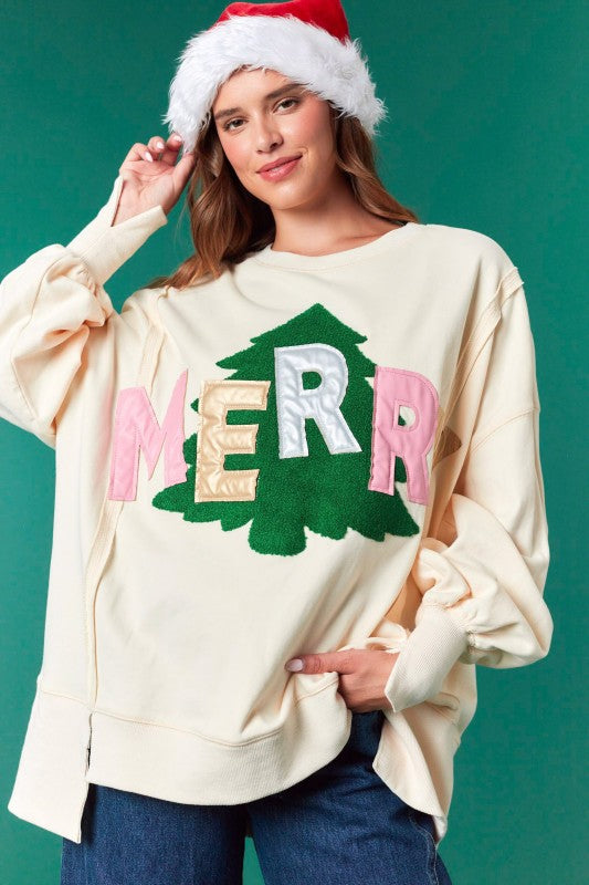Merry Patches Christmas Sweatshirt Top Ivory