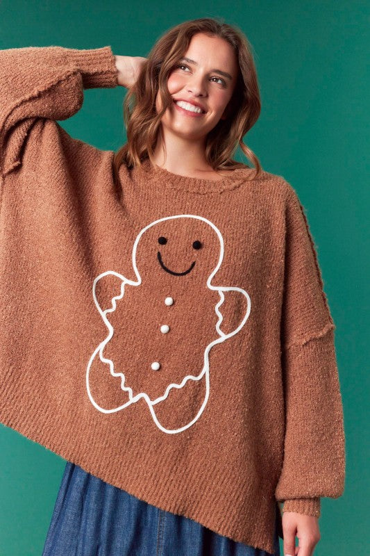 Gingerbread Man Oversized Sweater Top Brown
