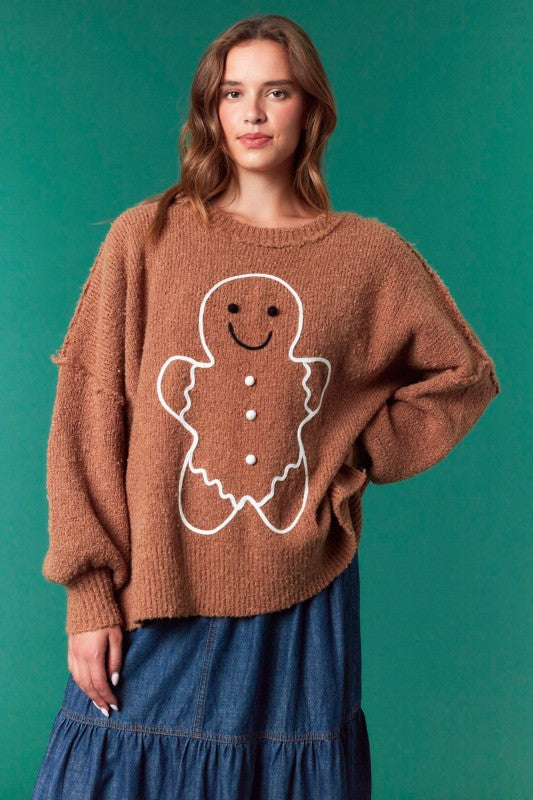 Gingerbread Man Oversized Sweater Top Brown