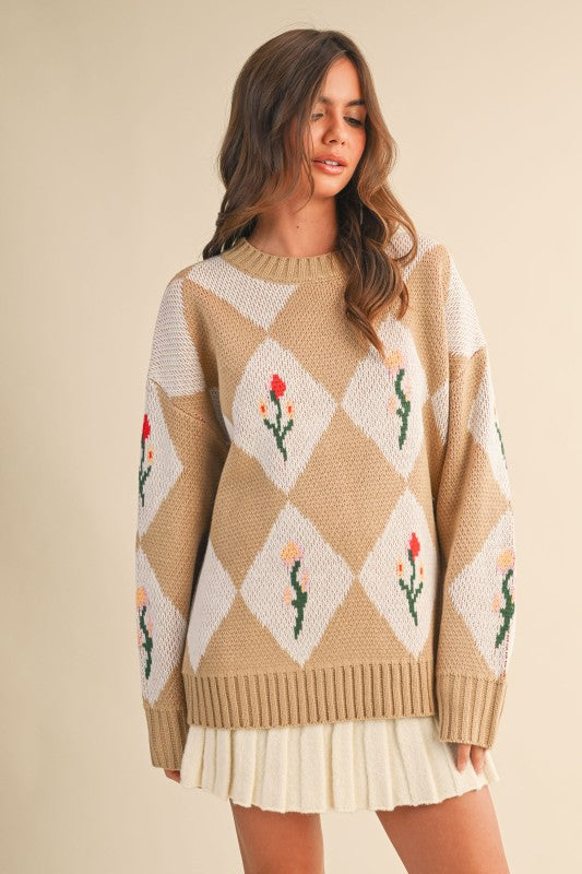 Flower Print Diamond Patterned Sweater Taupe