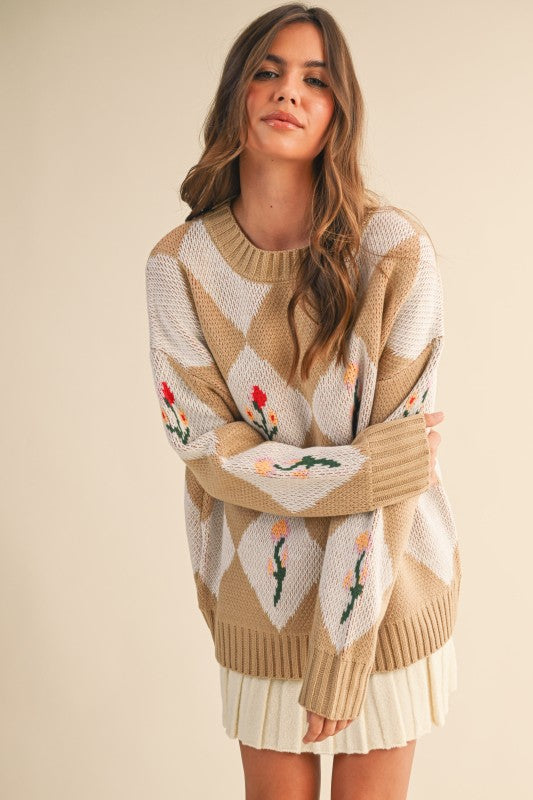 Flower Print Diamond Patterned Sweater Taupe