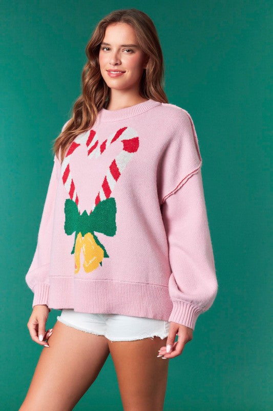 Heart Candy Canes Oversized Sweater Pink