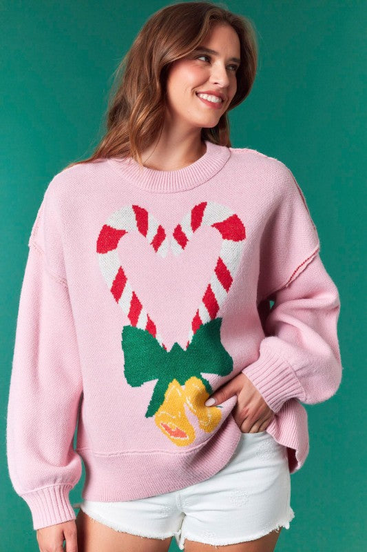 Heart Candy Canes Oversized Sweater Pink