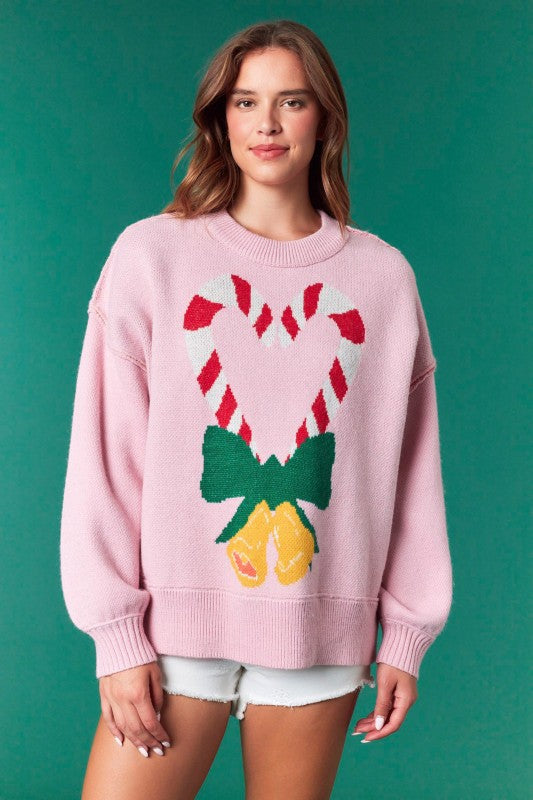 Heart Candy Canes Oversized Sweater Pink