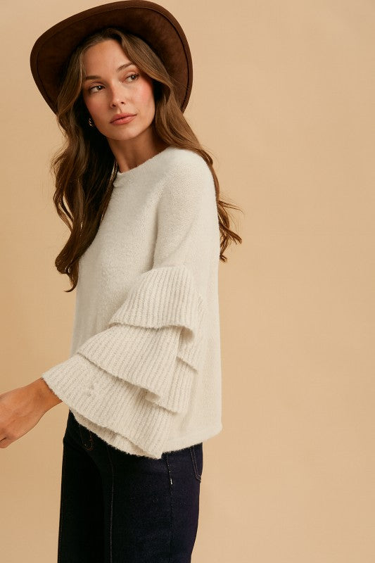 Fuzzy Tiered Ruffle Sleeve Sweater Top Ivory