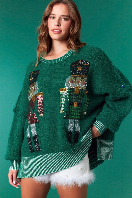 Sequins Nutcrackers Christmas Sweater Hunter Green