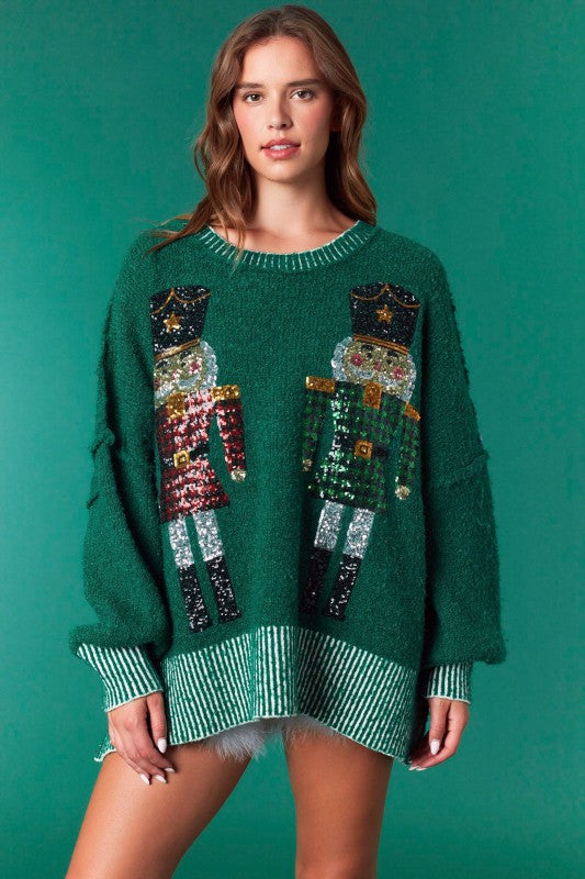 Sequins Nutcrackers Christmas Sweater Hunter Green