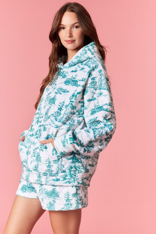 Christmas Sight Printed Velour Hoodie Green